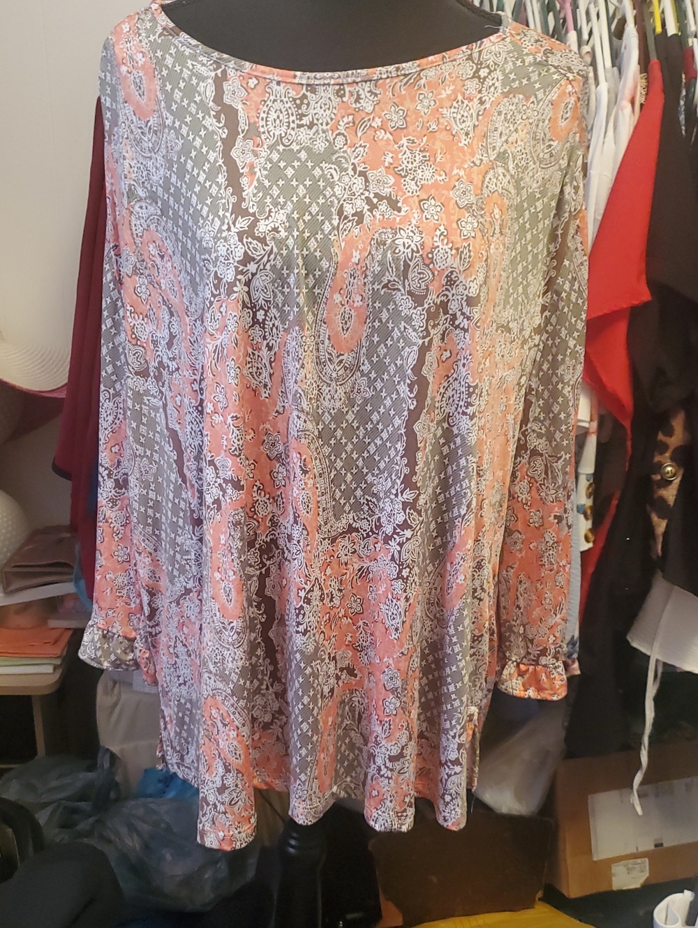 Southern Lady Coral and Brown Paisley Tunic Top